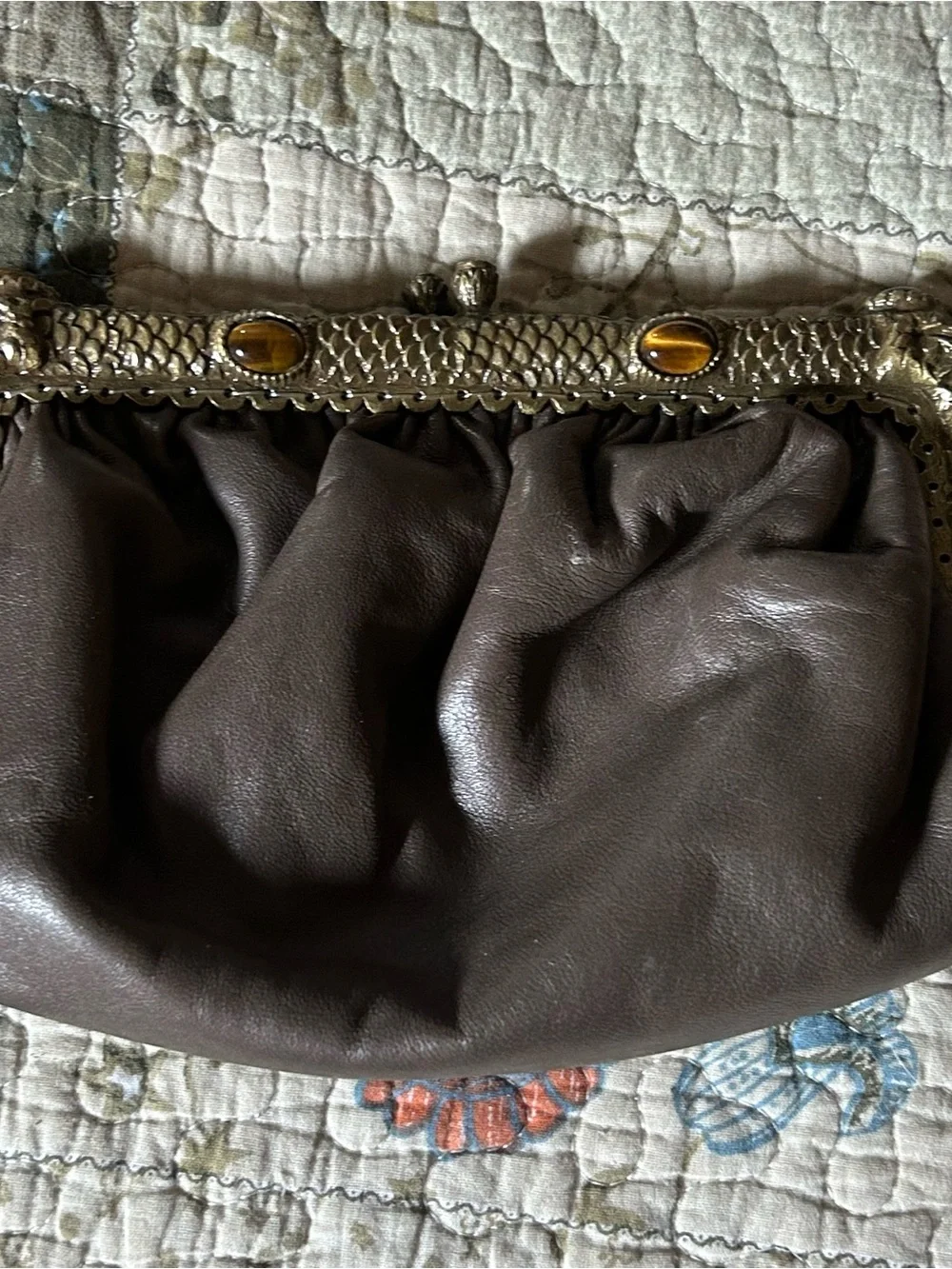 Vintage-Style Clara Kasavina  Brown Leather Frame Clutch with Tiger Eye